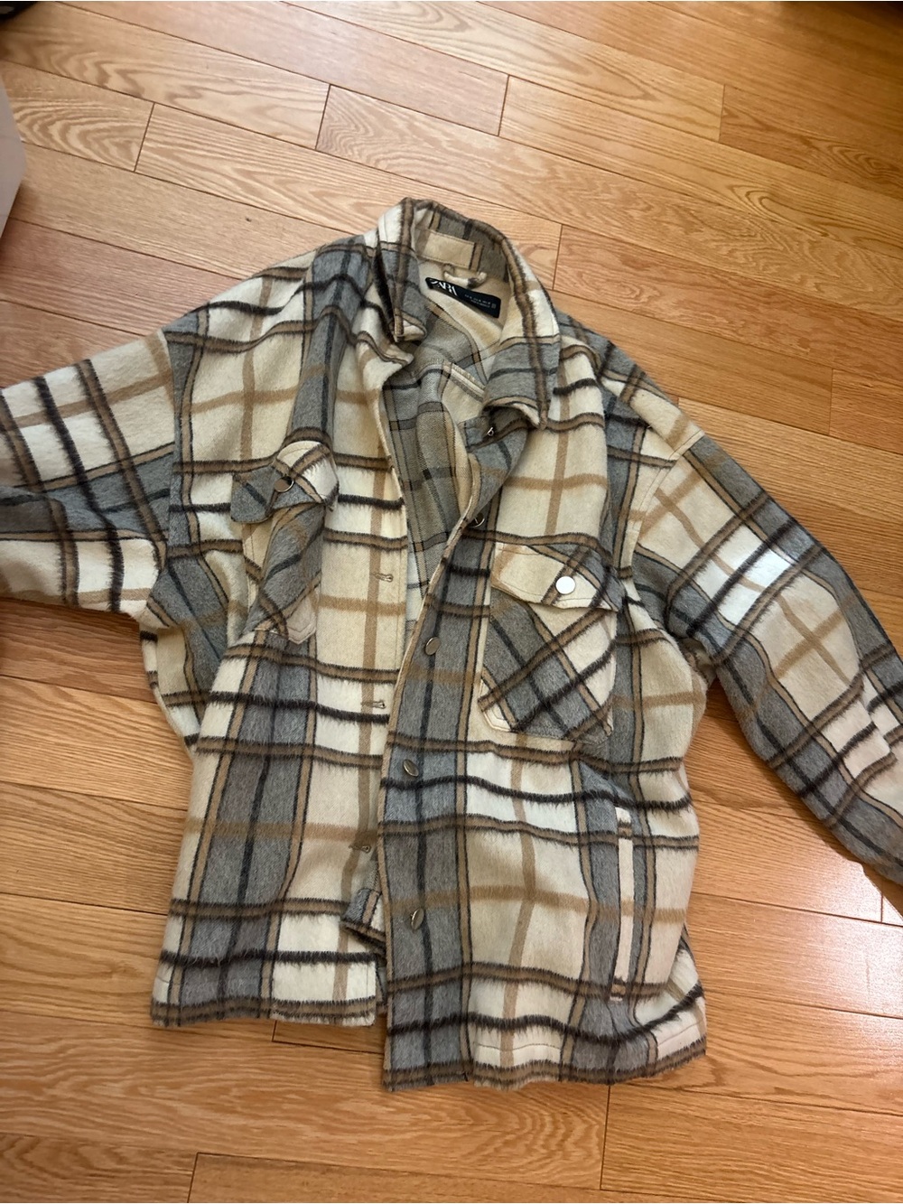 Zara Plaid Button-Front Shacket in Cream, Tan & Gray - Picture 2 of 5